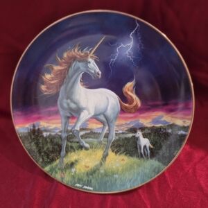 Decorative Unicorn Plate with Lightning Scene